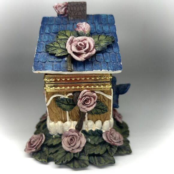Ceramic Birdhouse Blue Roof House Purple Rose Flower Hinged Trinket Jewelry Box - Picture 5 of 10